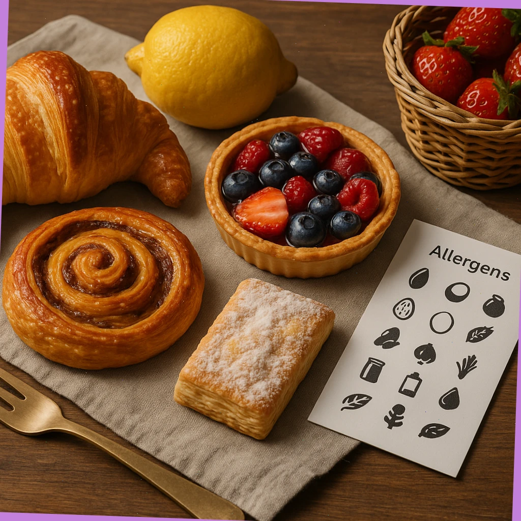 Allergen card beside pastry selection and fruit
