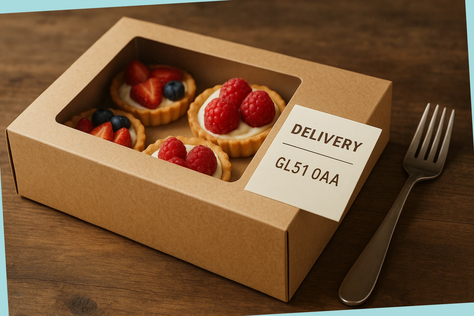 Card dessert box with a delivery window card and fork